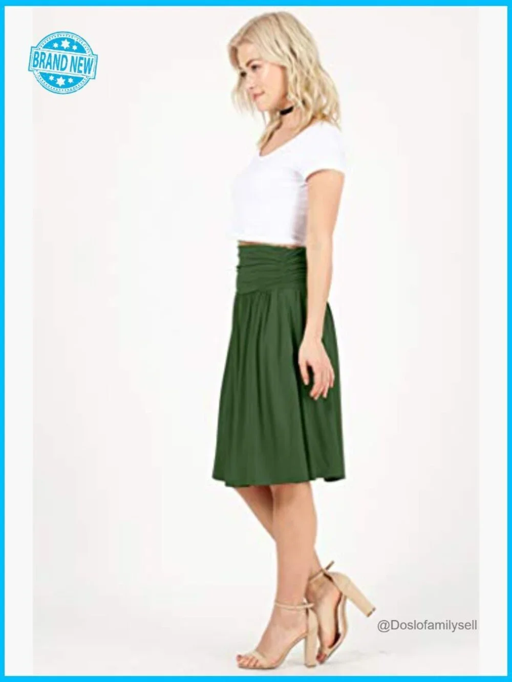 A-Line Midi Skirt with Pockets Stretch Jersey Pull On Ruched Waist
